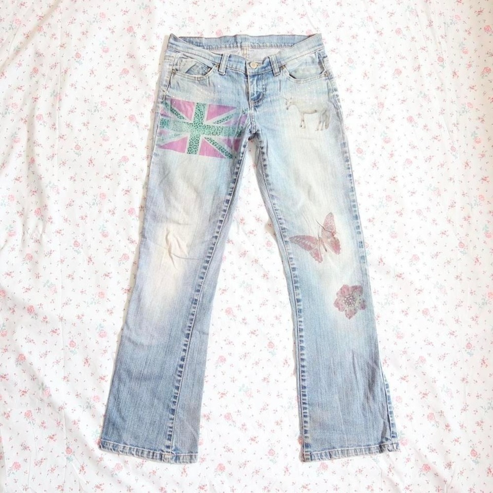 bluenotes leopard union jack unicorn jeans y2k low rise 7/30